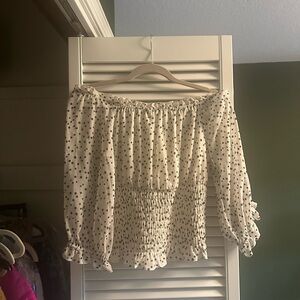 Anthropologie Cream and Black Off-Shoulder Blouse